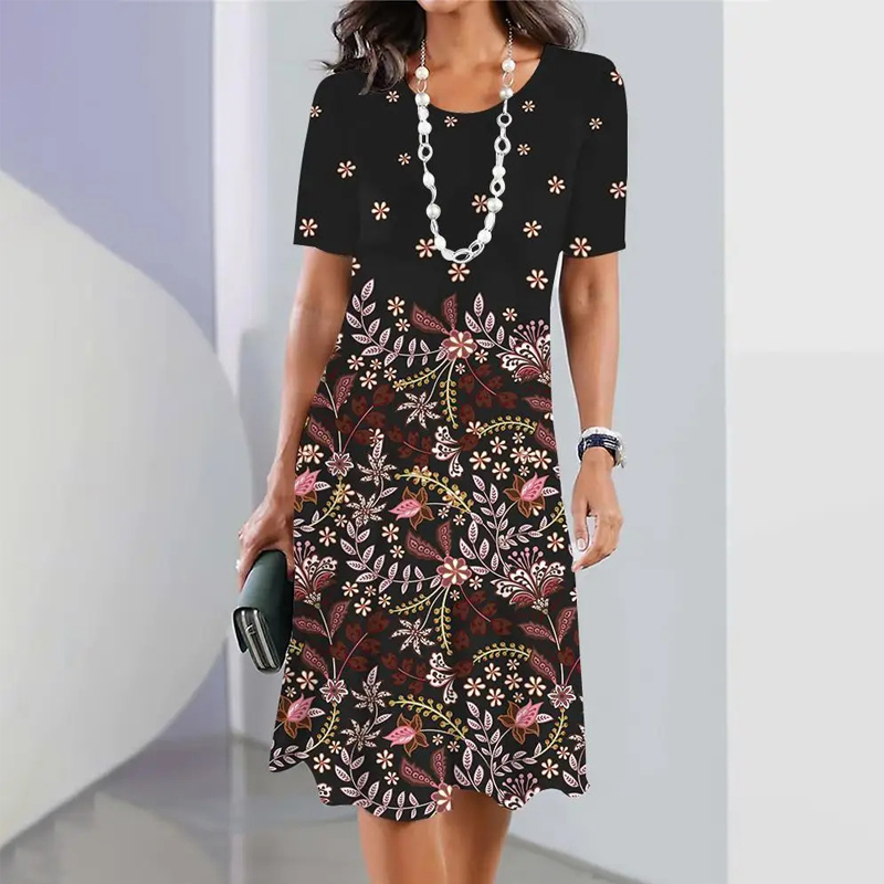 🌸Damska elegancka sukienka z okrągłym dekoltem w kwiatowy print